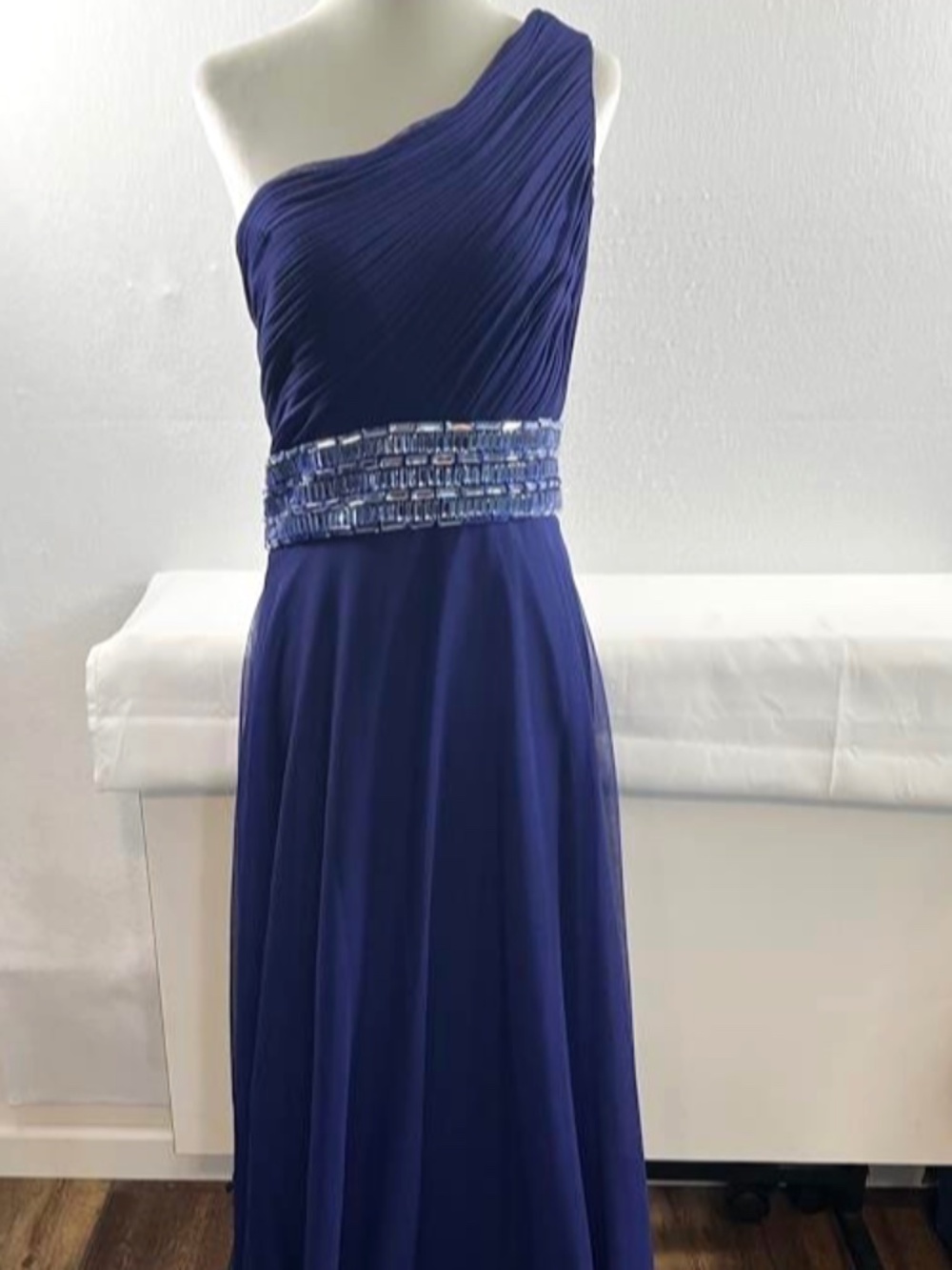 JS Collections Deep Blue One Shoulder Pleated Embellished Gown Size 16-18